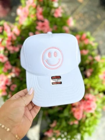 Trucker Hat: White with Pink Smiley